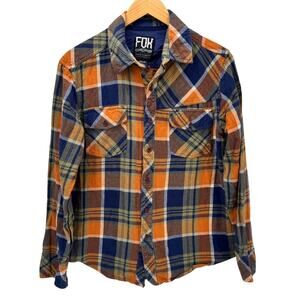 Fox Flannel Shirt Mens Large Blue Orange Plaid Button Up Long Sleeve Cotton